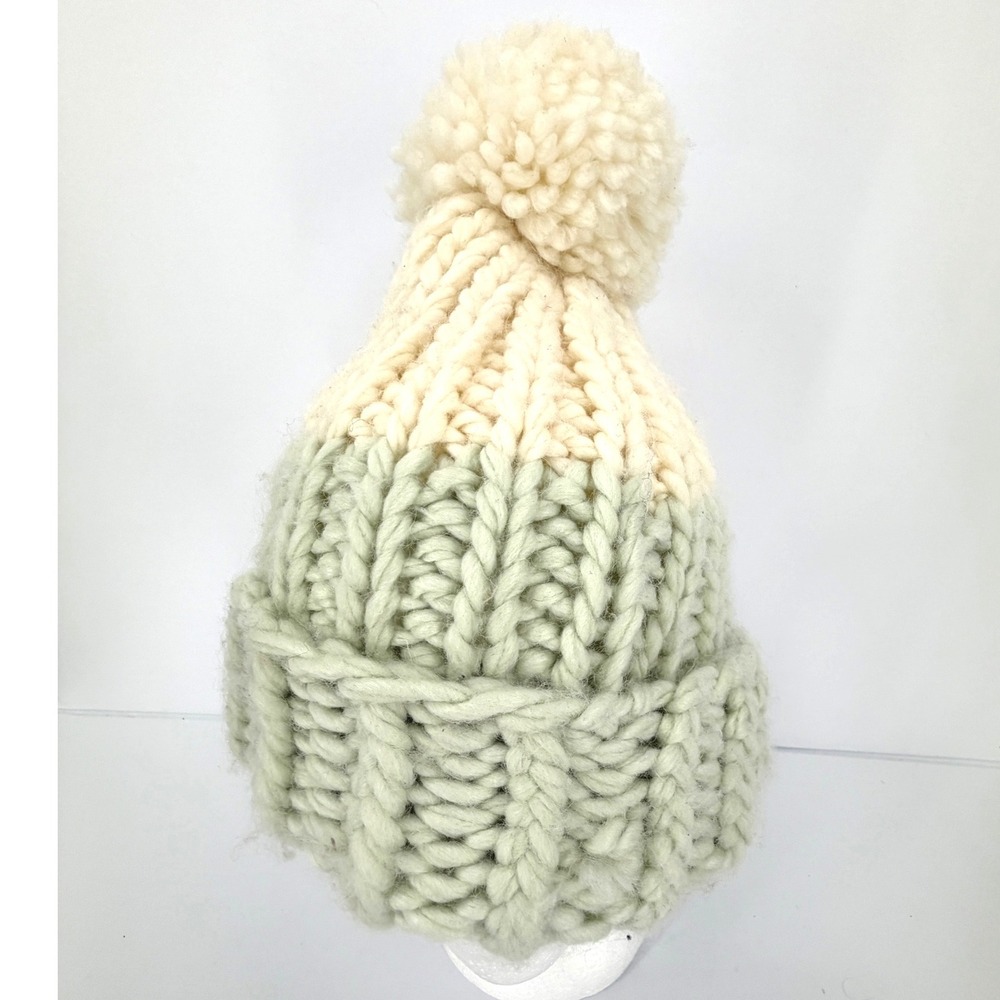 Urban Outfitters Chunky Knit Wool Blend Pom Pom Beanie Cream Sage Green